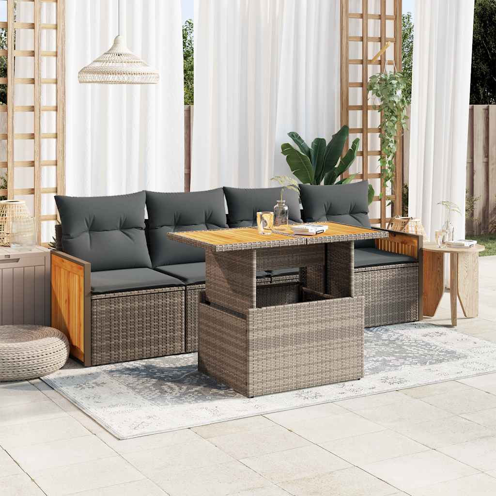 5-tlg. Garten-Sofagarnitur mit Kissen Grau Poly Rattan Akazie