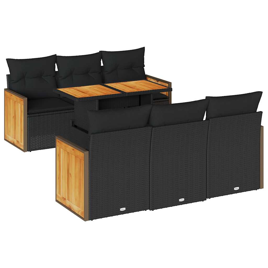 7-tlg. Garten-Sofagarnitur mit Kissen Schwarz Poly Rattan