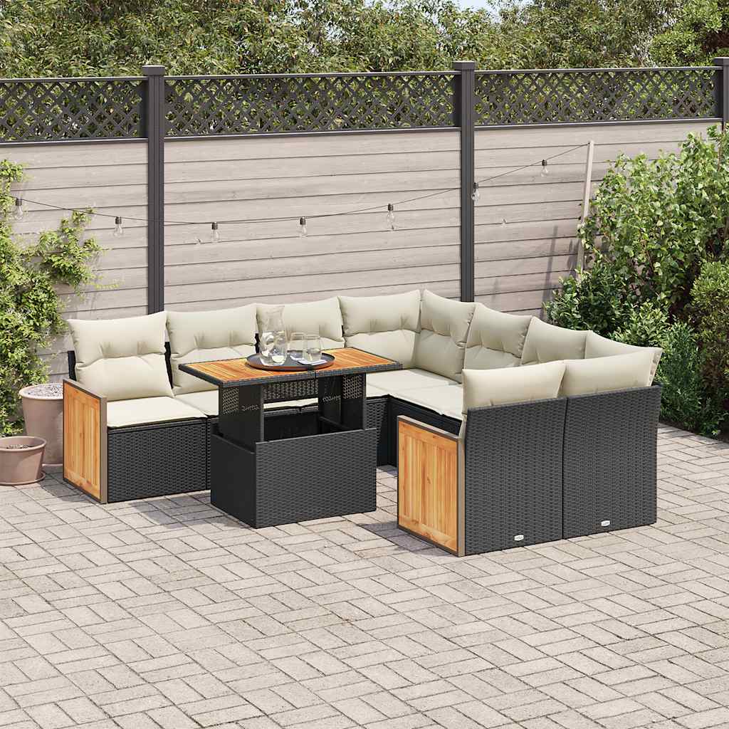 9-tlg. Garten-Sofagarnitur mit Kissen Schwarz Poly Rattan