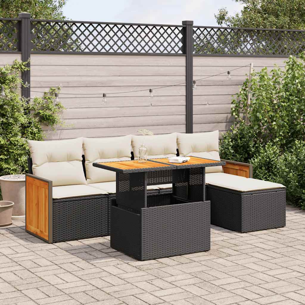 6-tlg. Garten-Sofagarnitur mit Kissen Schwarz Poly Rattan