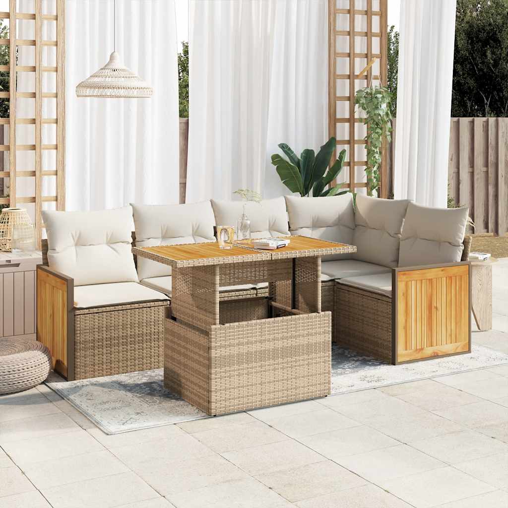 6-tlg. Garten-Sofagarnitur mit Kissen Beige Poly Rattan Akazie