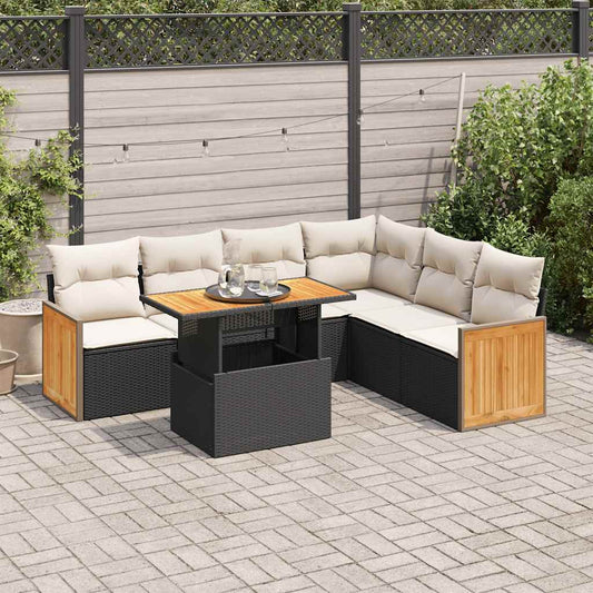 7-tlg. Garten-Sofagarnitur mit Kissen Schwarz Poly Rattan