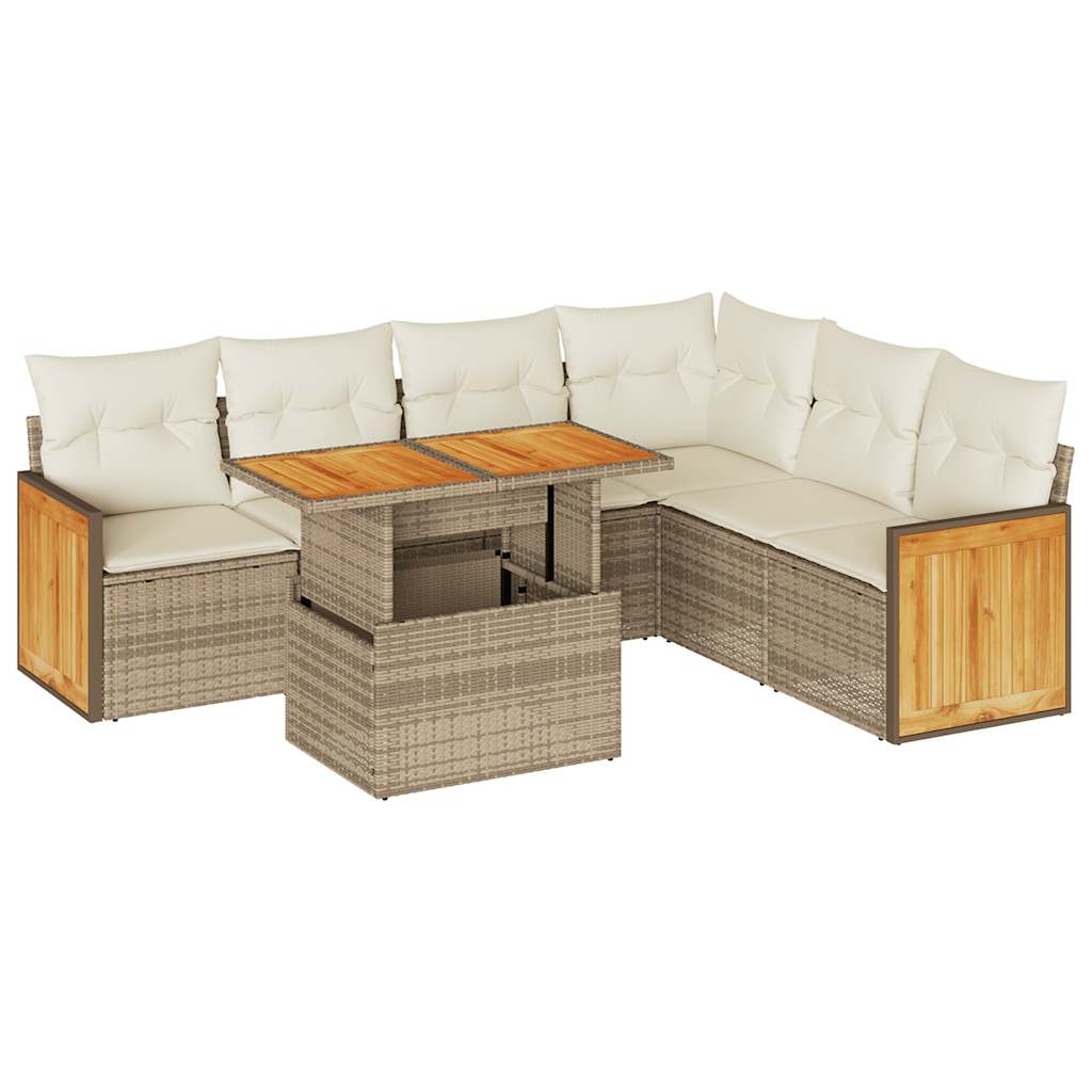 7-tlg. Garten-Sofagarnitur mit Kissen Beige Poly Rattan Akazie