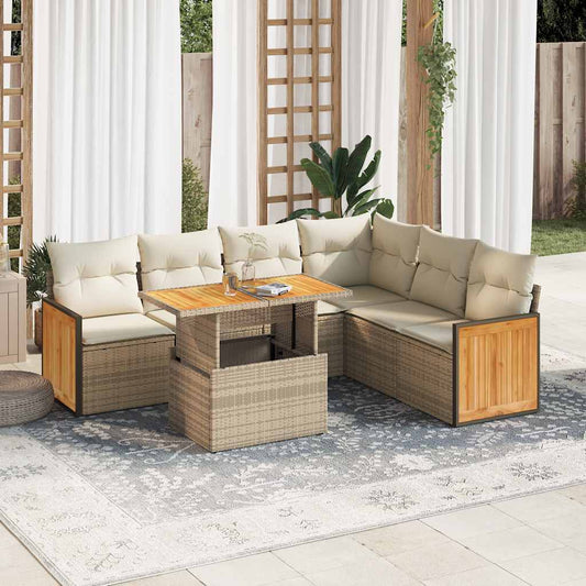 7-tlg. Garten-Sofagarnitur mit Kissen Beige Poly Rattan Akazie