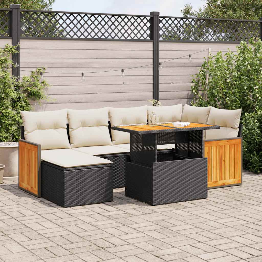 7-tlg. Garten-Sofagarnitur mit Kissen Schwarz Poly Rattan