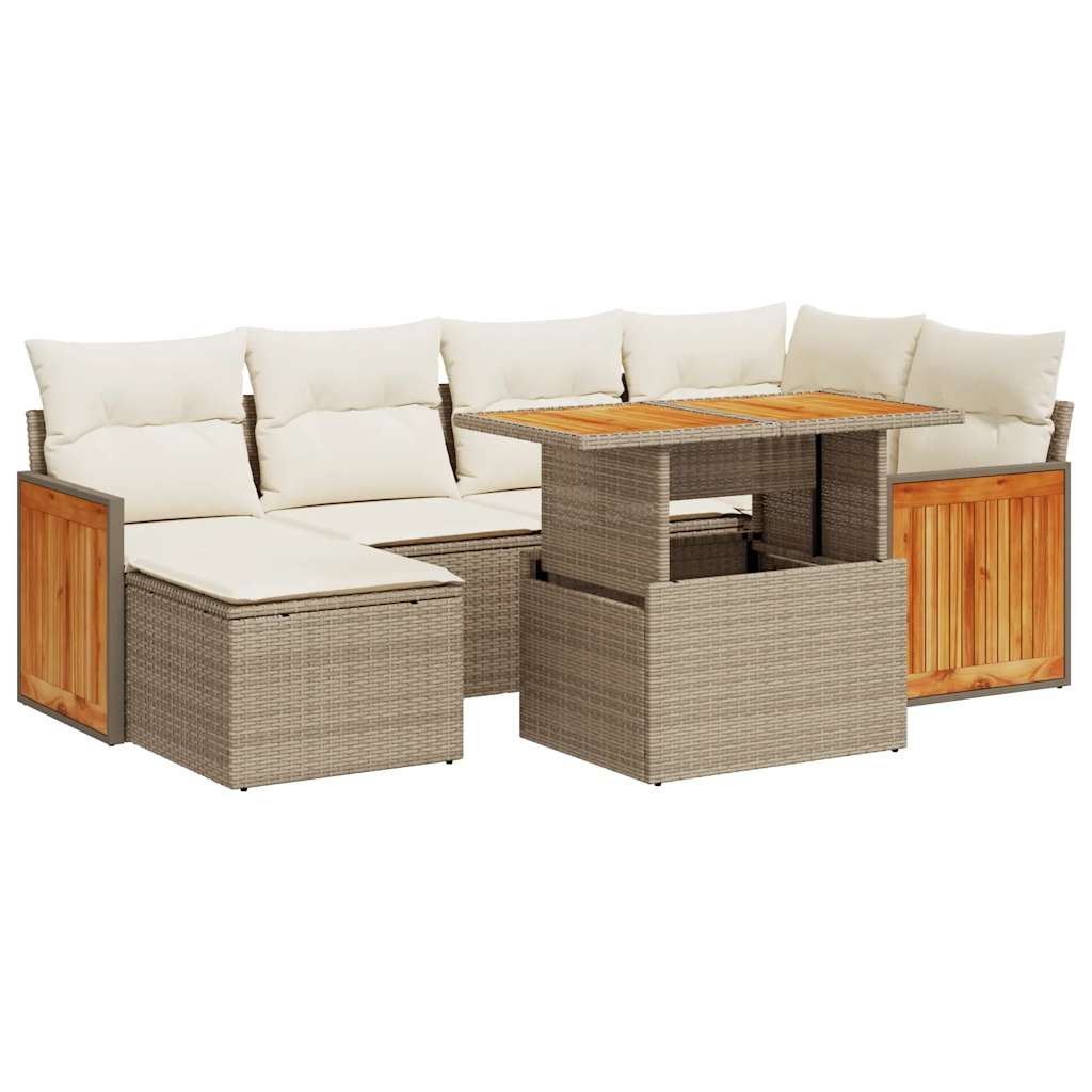 7-tlg. Garten-Sofagarnitur mit Kissen Beige Poly Rattan Akazie