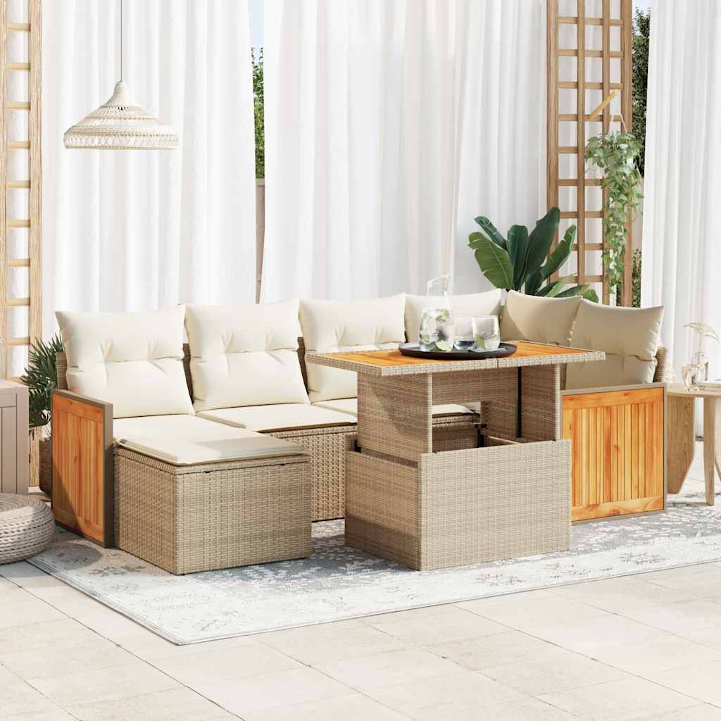 7-tlg. Garten-Sofagarnitur mit Kissen Beige Poly Rattan Akazie