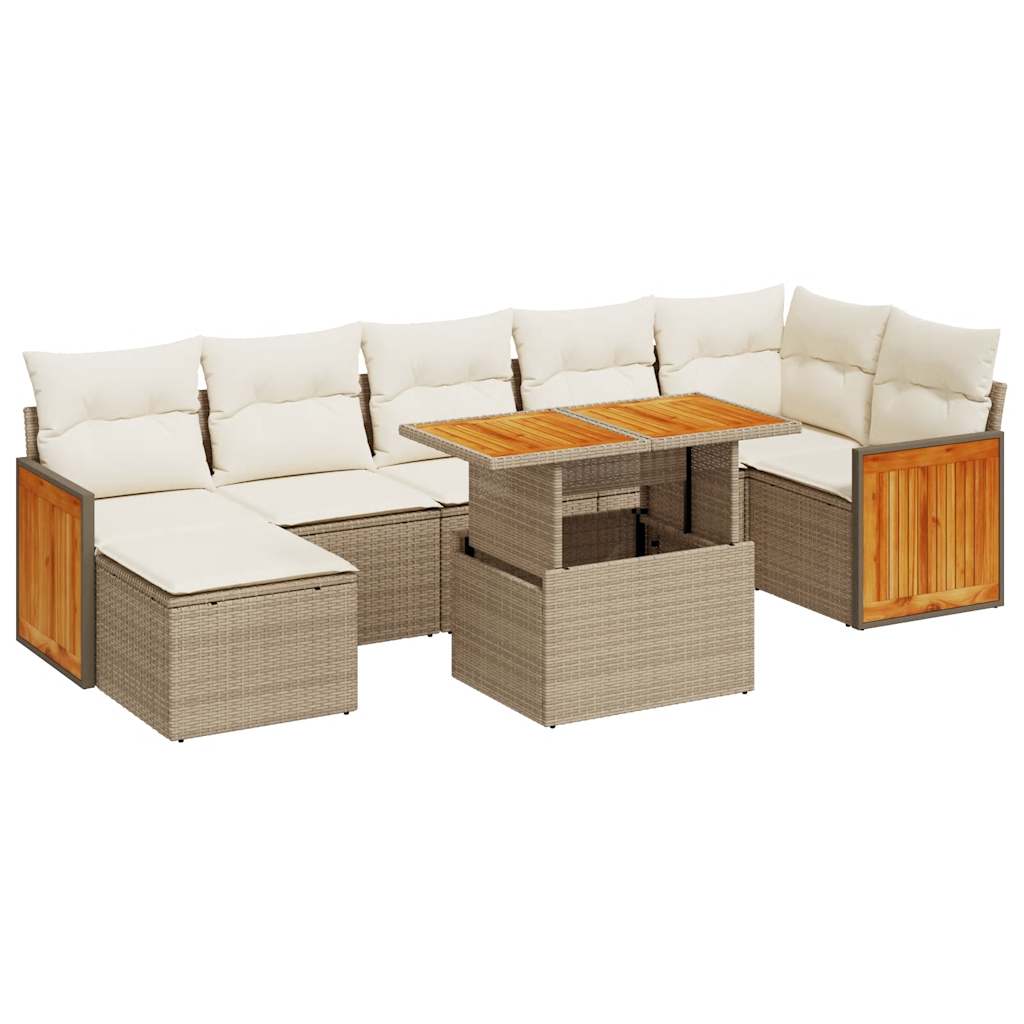 8-tlg. Garten-Sofagarnitur mit Kissen Beige Poly Rattan Akazie