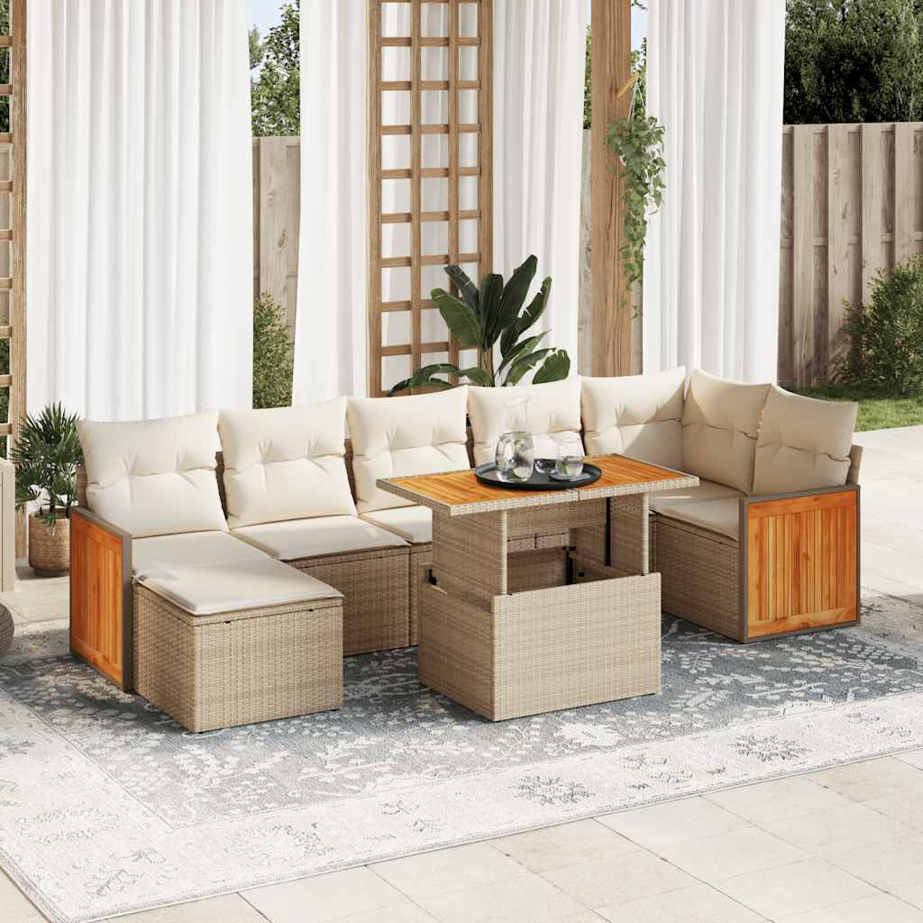 8-tlg. Garten-Sofagarnitur mit Kissen Beige Poly Rattan Akazie