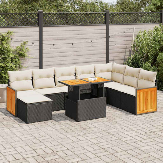 9-tlg. Garten-Sofagarnitur mit Kissen Schwarz Poly Rattan