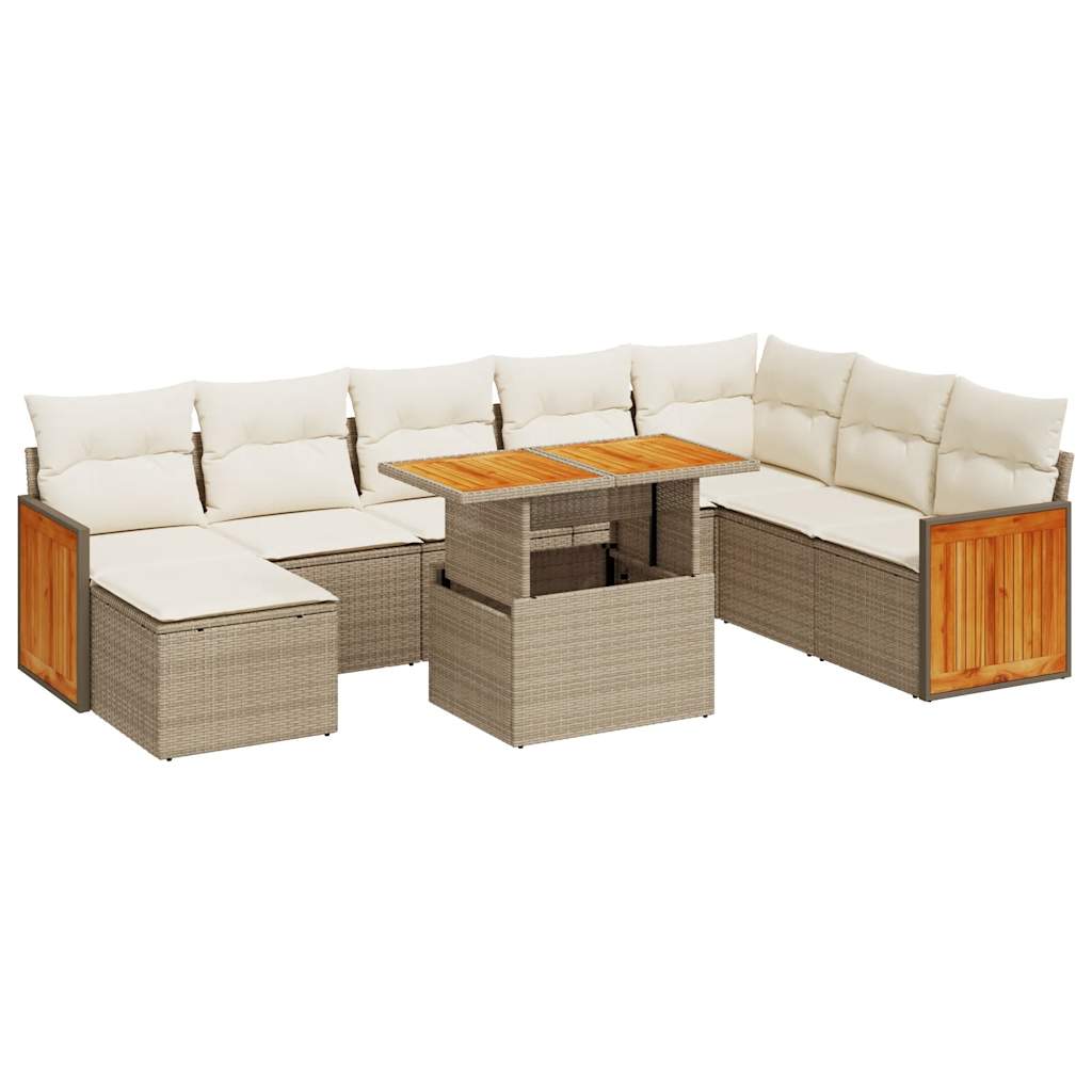 9-tlg. Garten-Sofagarnitur mit Kissen Beige Poly Rattan Akazie