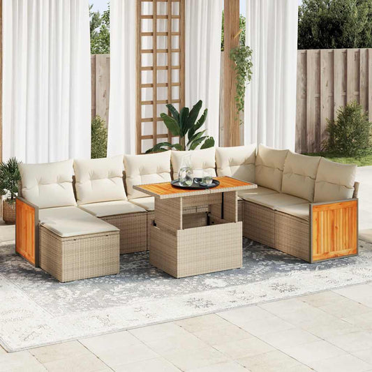 9-tlg. Garten-Sofagarnitur mit Kissen Beige Poly Rattan Akazie