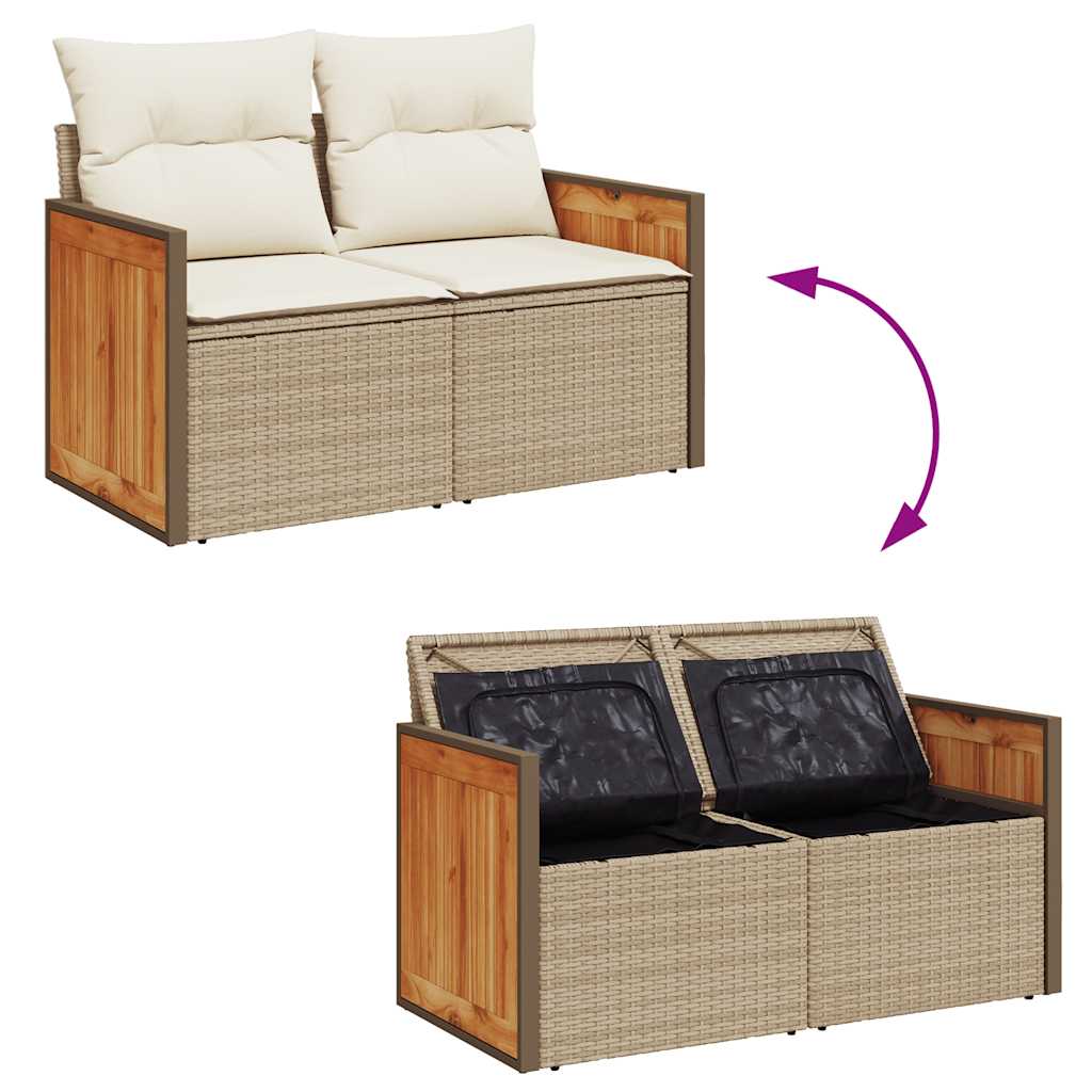 10-tlg. Garten-Sofagarnitur mit Kissen Beige Poly Rattan Akazie