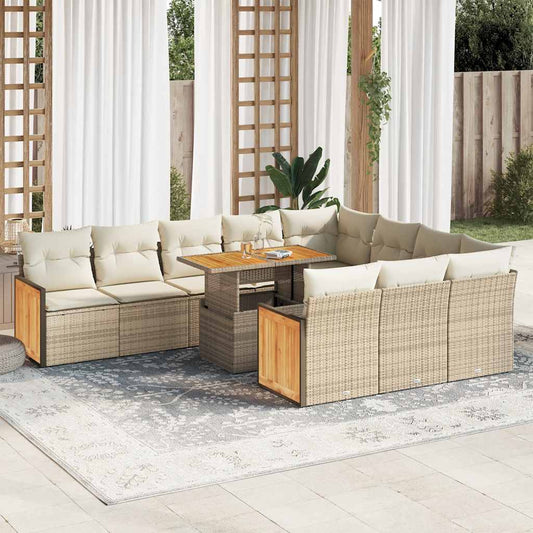 11-tlg. Garten-Sofagarnitur mit Kissen Beige Poly Rattan Akazie