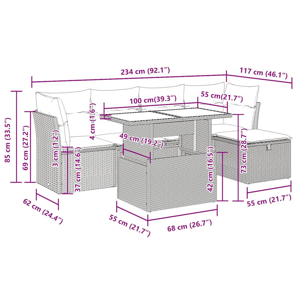 6-tlg. Garten-Sofagarnitur mit Kissen Schwarz Poly Rattan