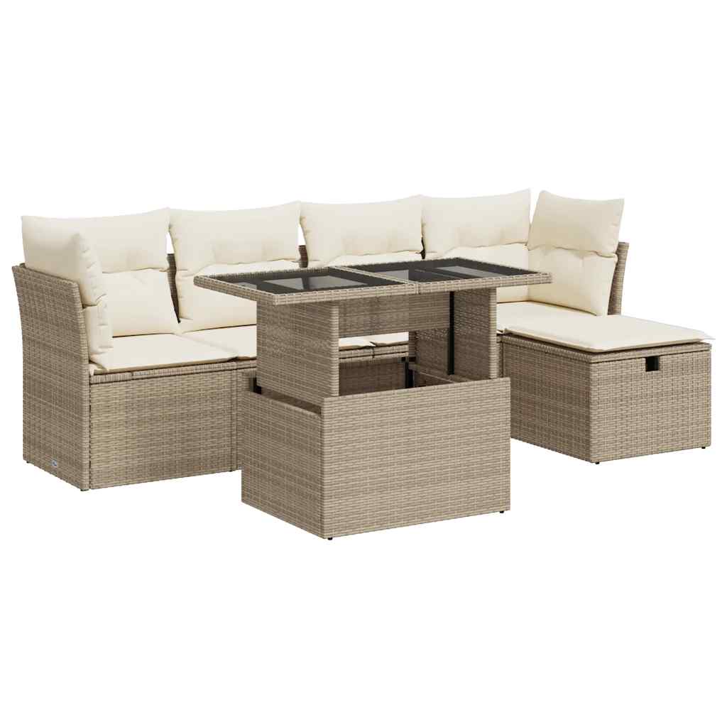 6-tlg. Garten-Sofagarnitur mit Kissen Beige Poly Rattan