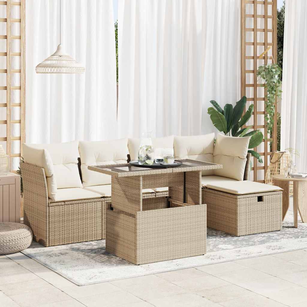 6-tlg. Garten-Sofagarnitur mit Kissen Beige Poly Rattan