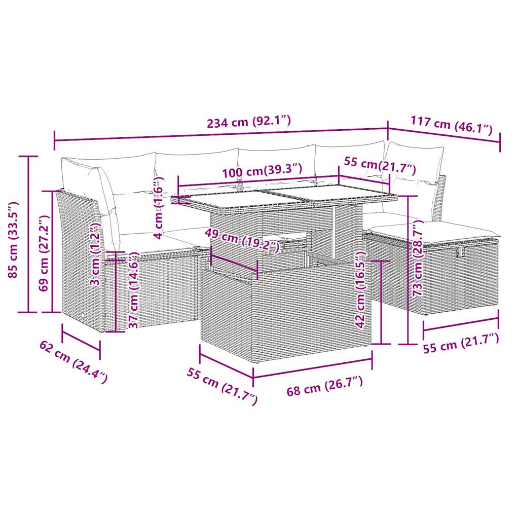 6-tlg. Garten-Sofagarnitur mit Kissen Braun Poly Rattan