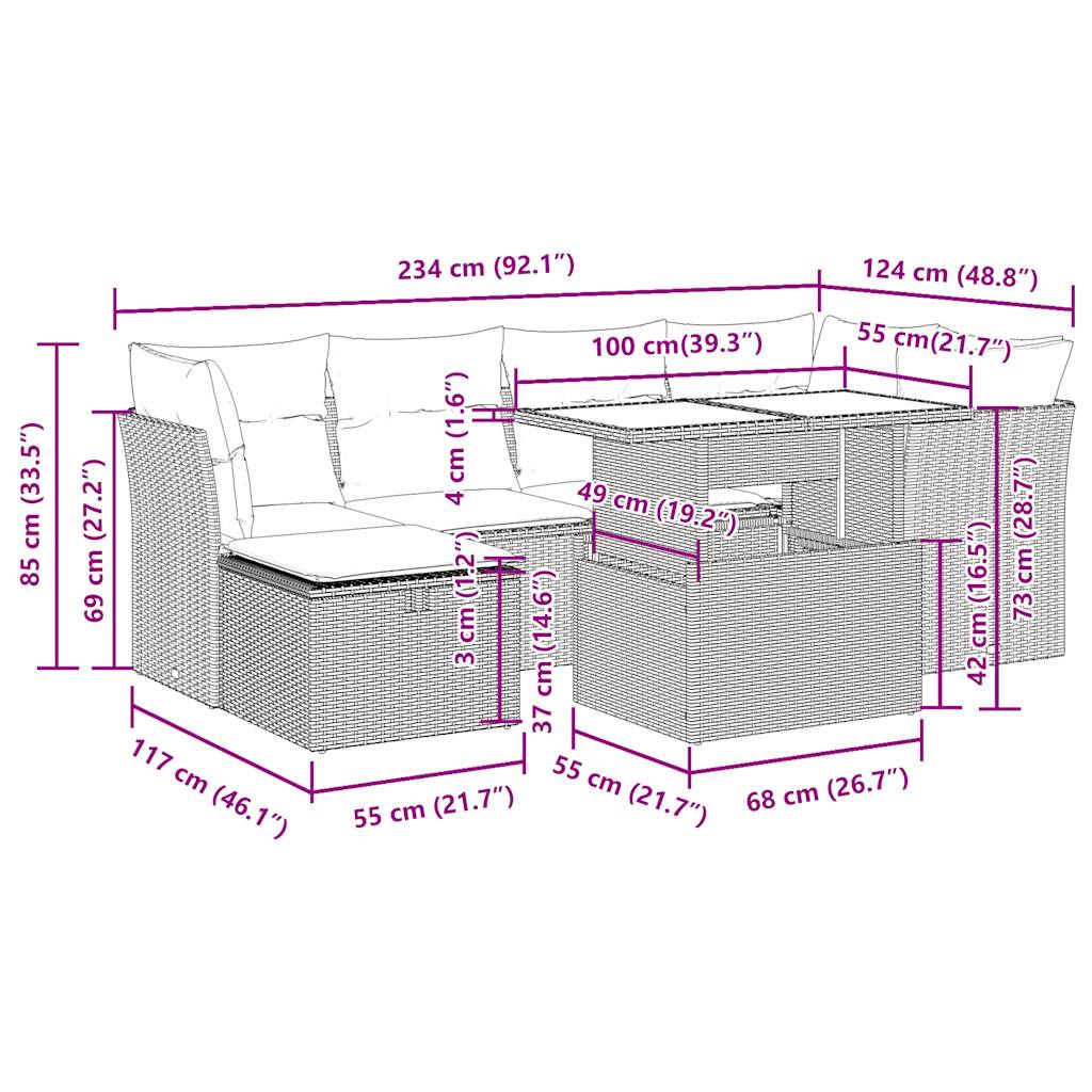 7-tlg. Garten-Sofagarnitur mit Kissen Schwarz Poly Rattan