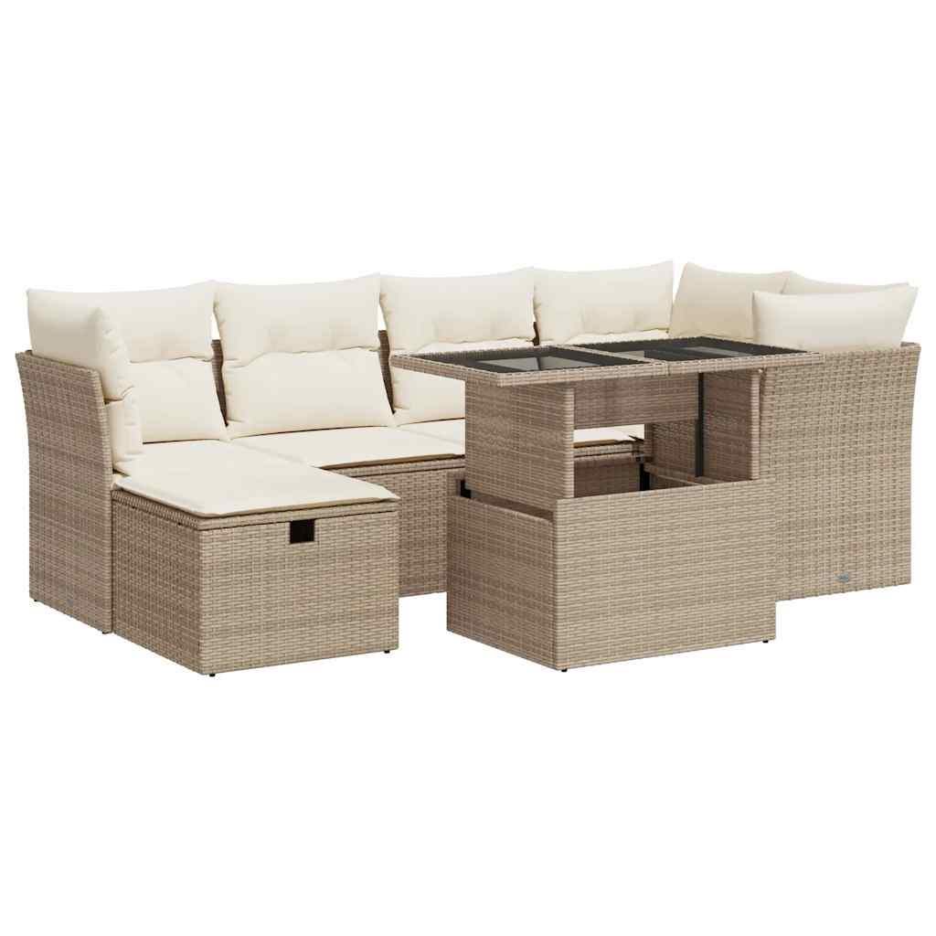 7-tlg. Garten-Sofagarnitur mit Kissen Beige Poly Rattan