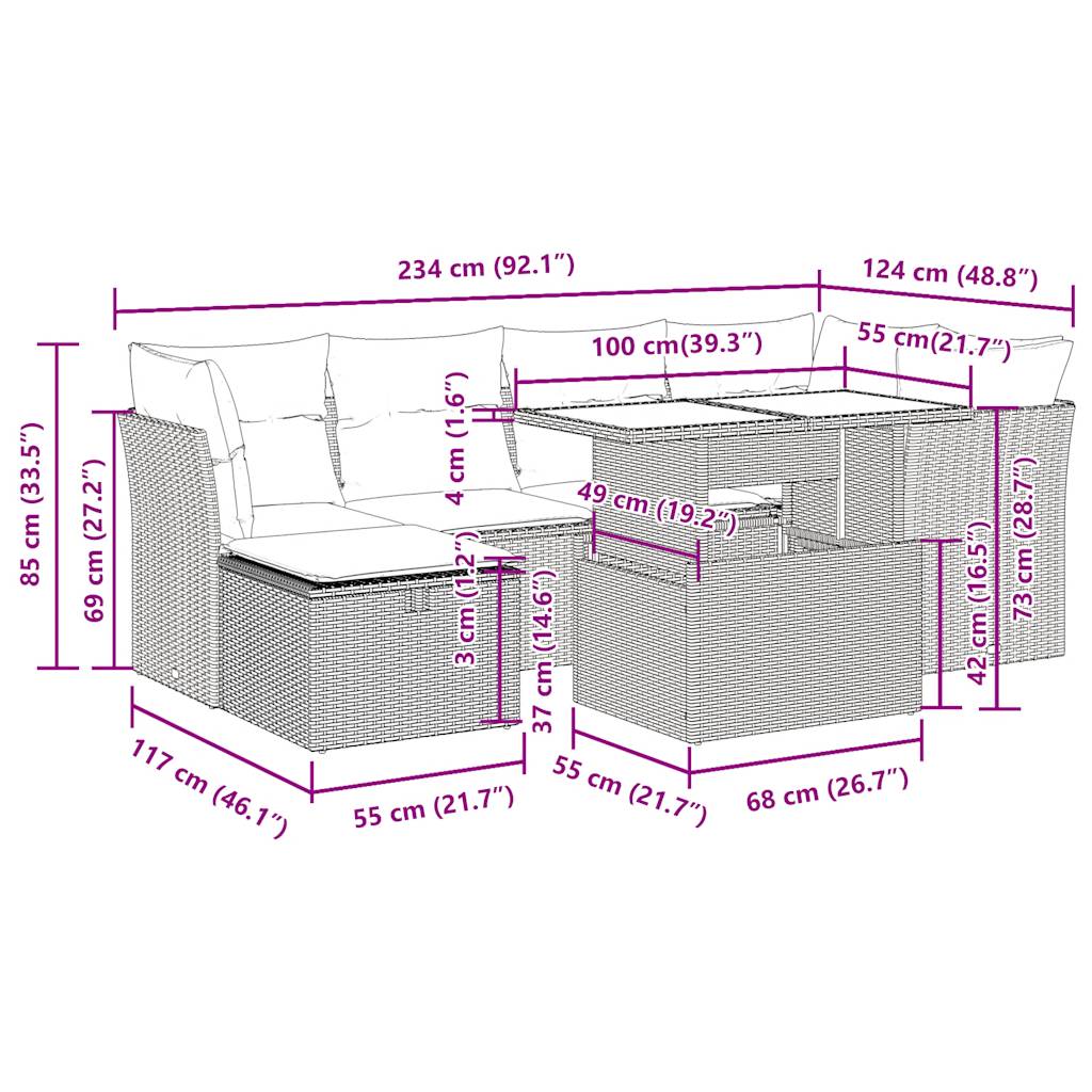 7-tlg. Garten-Sofagarnitur mit Kissen Beige Poly Rattan