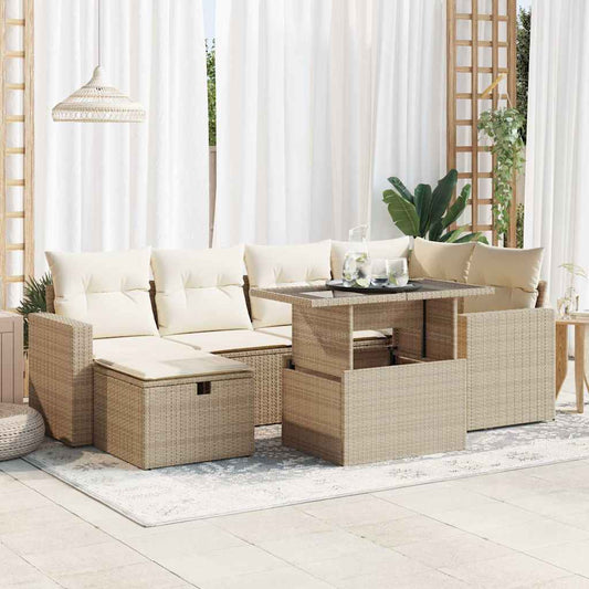 7-tlg. Garten-Sofagarnitur mit Kissen Beige Poly Rattan