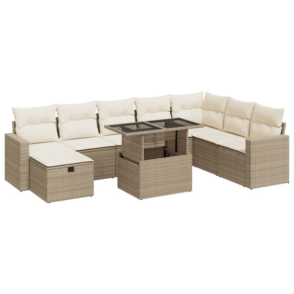 9-tlg. Garten-Sofagarnitur mit Kissen Beige Poly Rattan