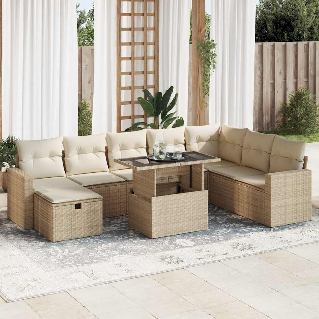 9-tlg. Garten-Sofagarnitur mit Kissen Beige Poly Rattan