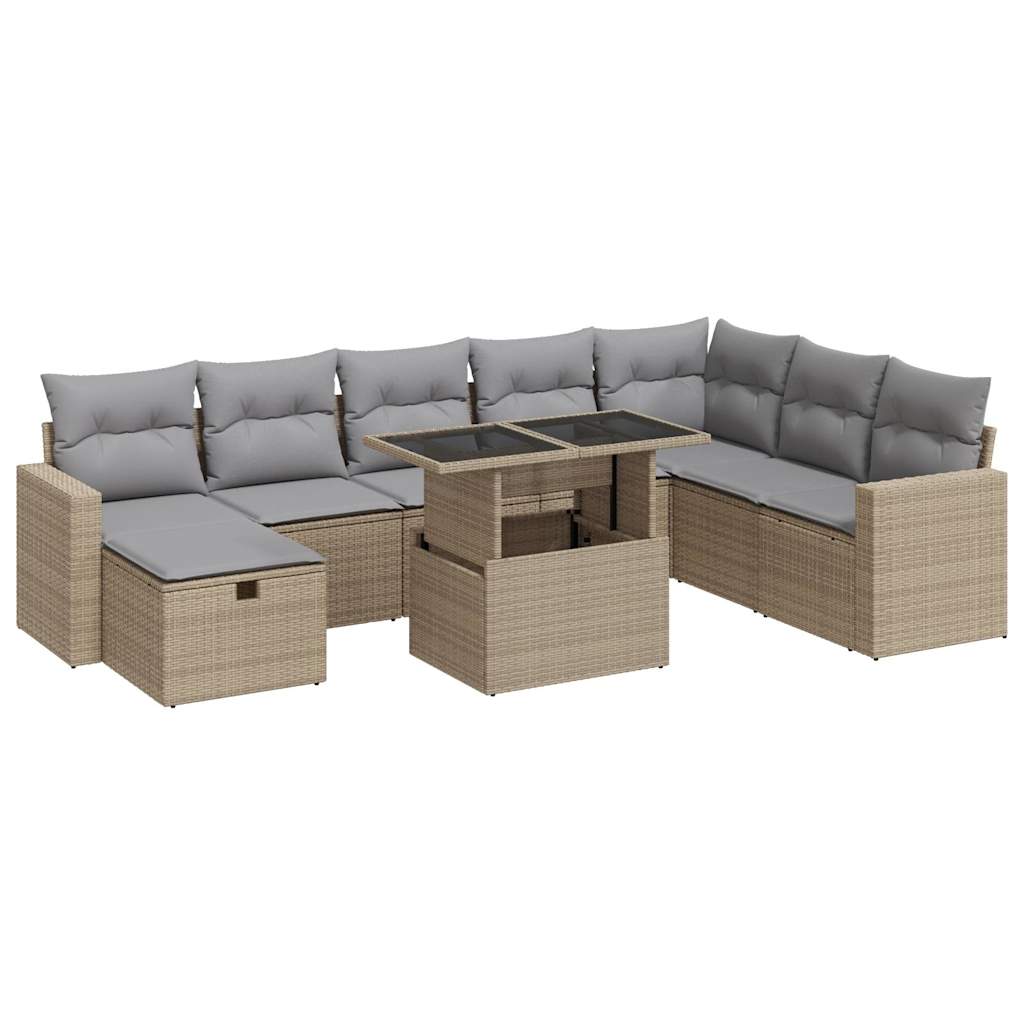 9-tlg. Garten-Sofagarnitur mit Kissen Beige Poly Rattan