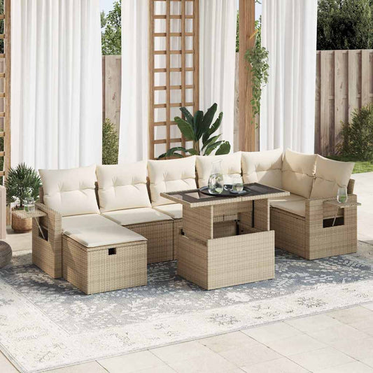 8-tlg. Garten-Sofagarnitur mit Kissen Beige Poly Rattan