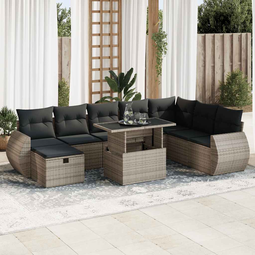 9-tlg. Garten-Sofagarnitur mit Kissen Grau Poly Rattan