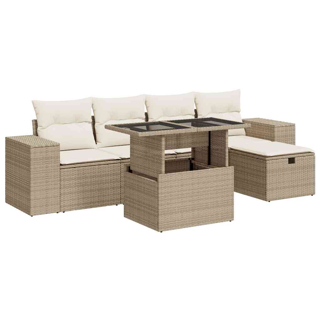 6-tlg. Garten-Sofagarnitur mit Kissen Beige Poly Rattan