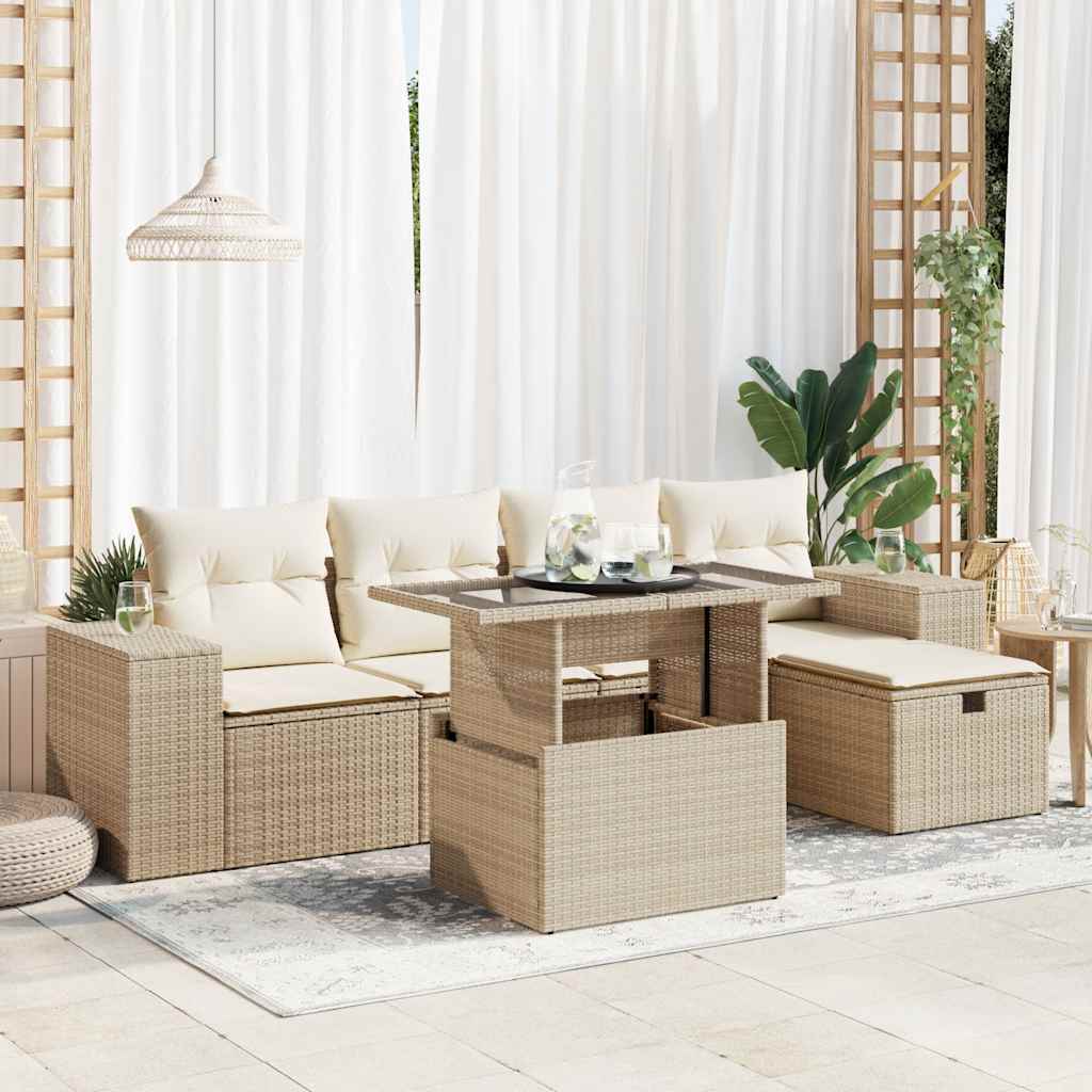 6-tlg. Garten-Sofagarnitur mit Kissen Beige Poly Rattan