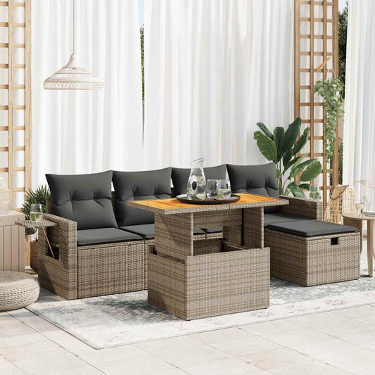 6-tlg. Garten-Sofagarnitur mit Kissen Grau Poly Rattan Akazie