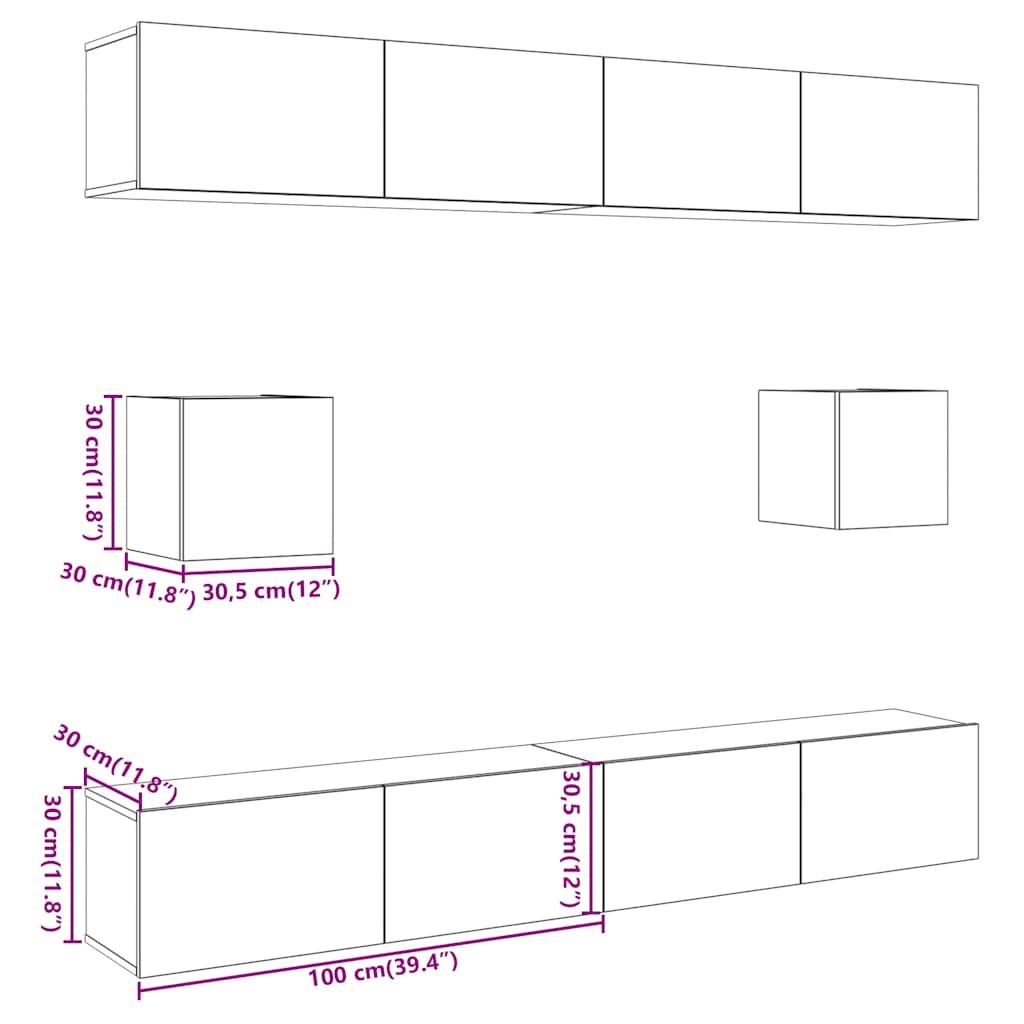 6-tlg. TV-Schrank-Set Wandmontage Altholz-Optik Holzwerkstoff