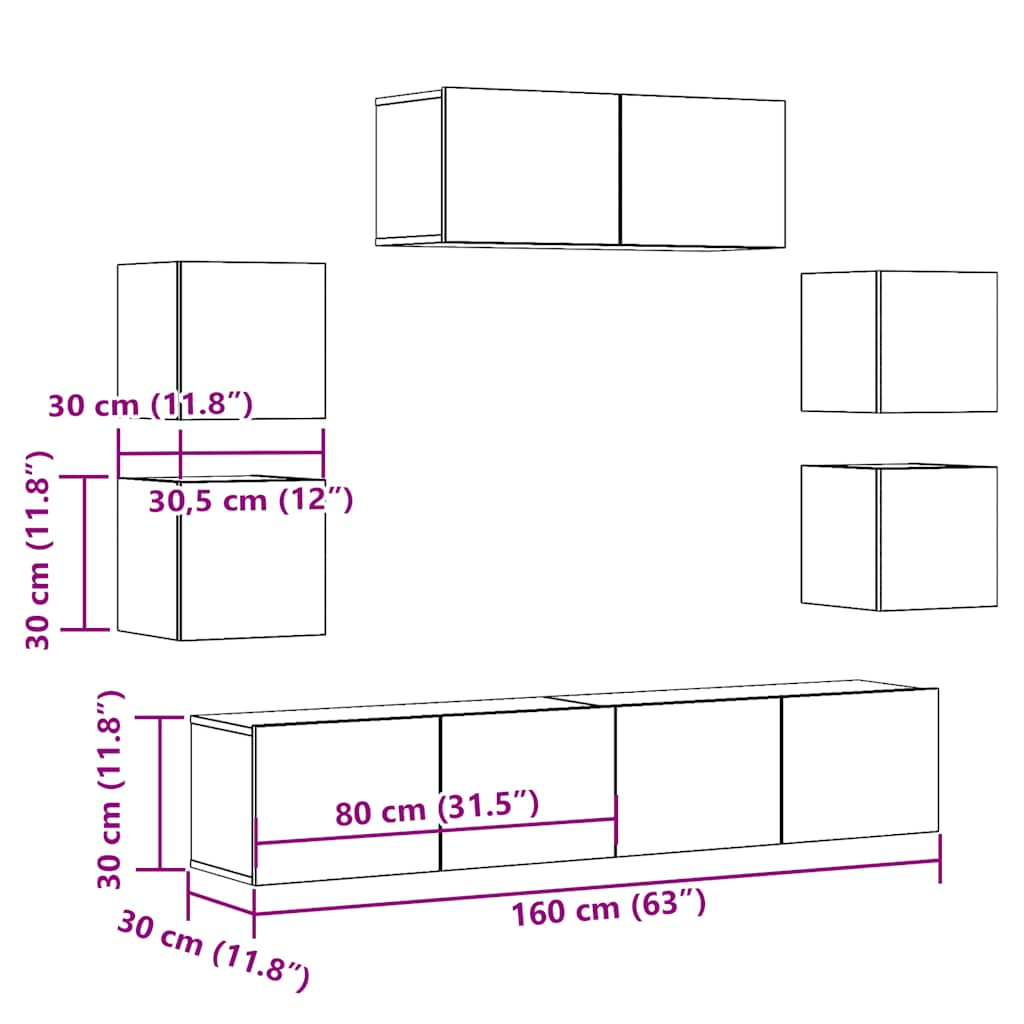 7-tlg. TV-Schrank-Set Wandmontage Altholz-Optik Holzwerkstoff