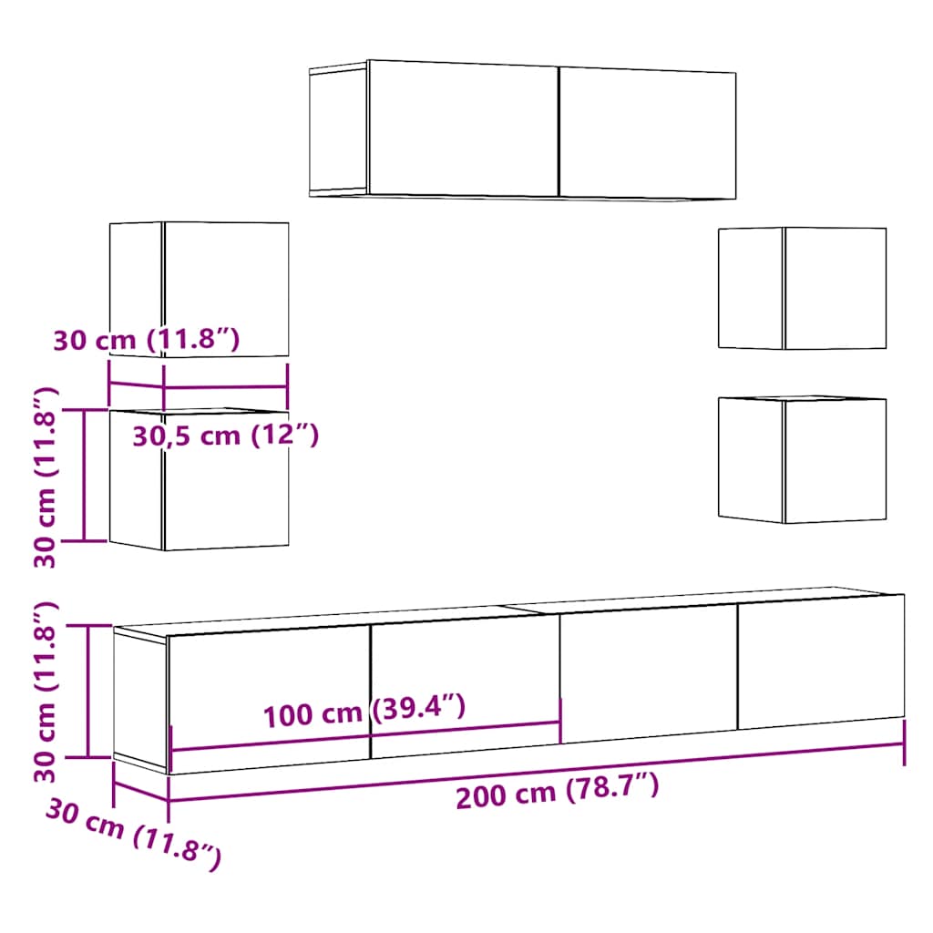 7-tlg. TV-Schrank-Set Wandmontage Altholz-Optik Holzwerkstoff