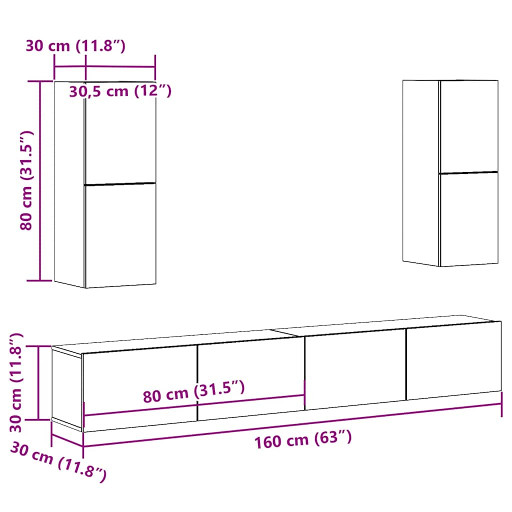 4-tlg. TV-Schrank-Set Wandmontage Altholz-Optik Holzwerkstoff