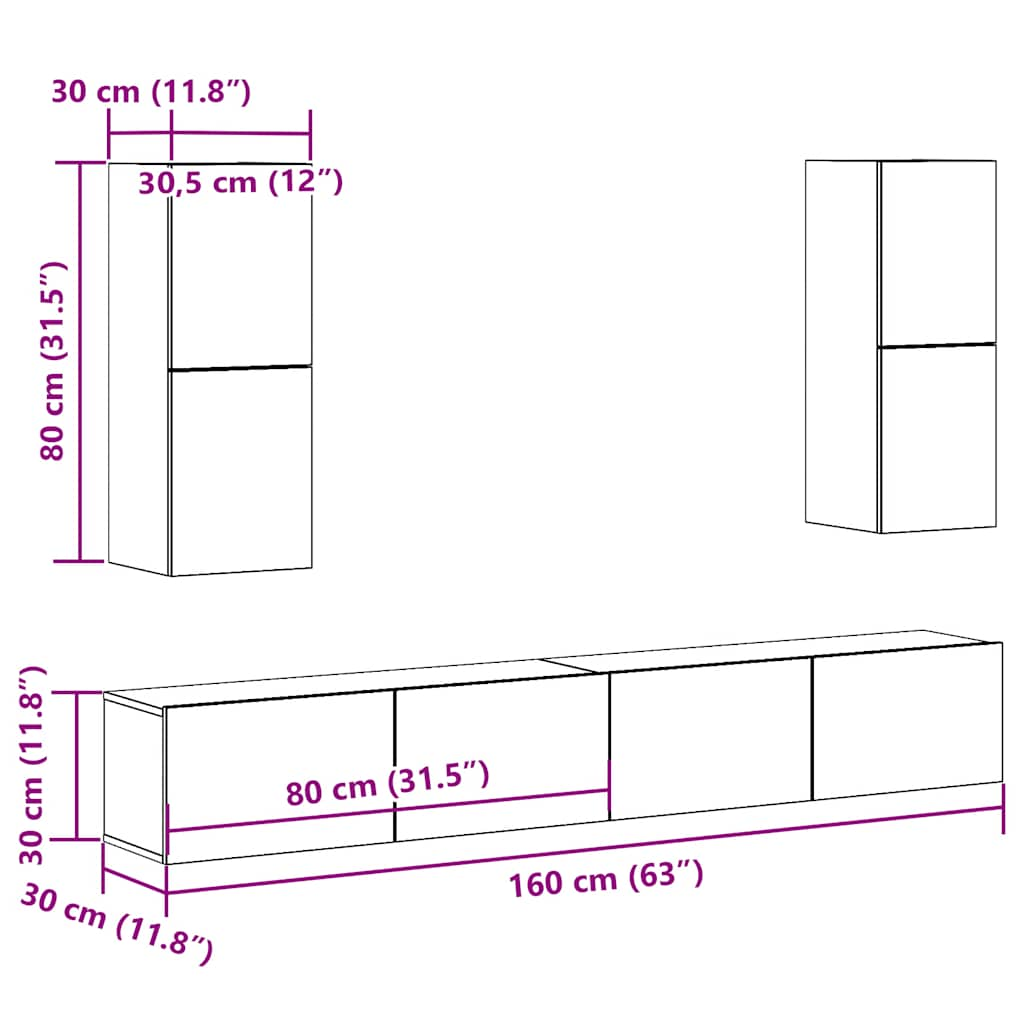 4-tlg. TV-Schrank-Set Wandmontage Artisan-Eiche Holzwerkstoff