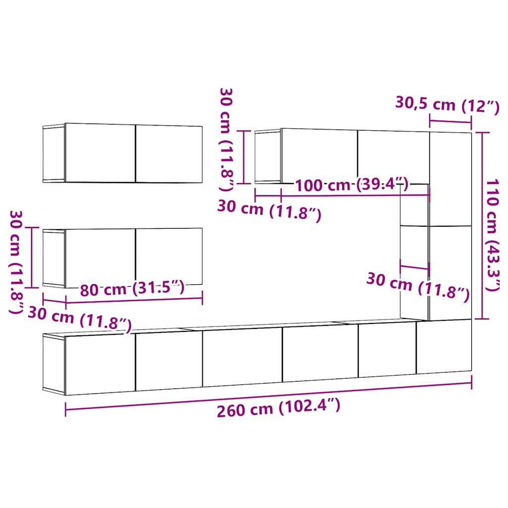 7-tlg. TV-Schrank-Set Wandmontage Artisan-Eiche Holzwerkstoff