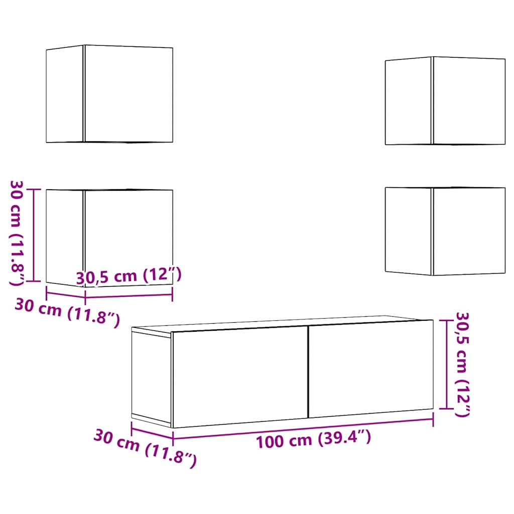 5-tlg. TV-Schrank-Set Wandmontage Altholz-Optik Holzwerkstoff